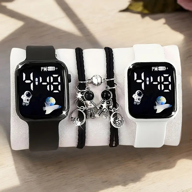 4pcs Women’s Sports Fashion Silicone Watch and Astronaut Bracelet Set MUVAYA