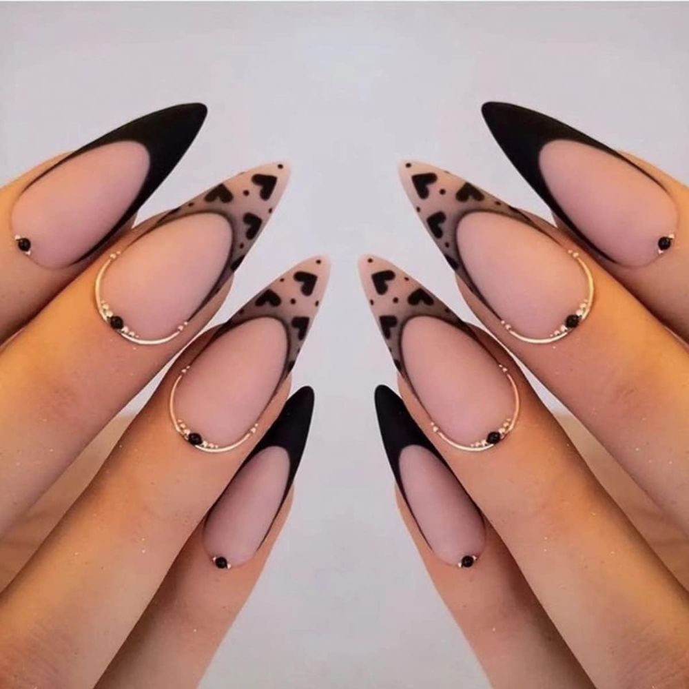 Medium French Tips Black Heart Pearl Acrylic Nails – 24pcs MUVAYA