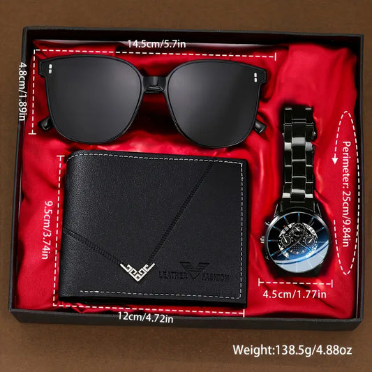3pcs Men'S Business Casual Steel Band Wristwatch + Fashion Glasses and Versatile Wallet MUVAYA