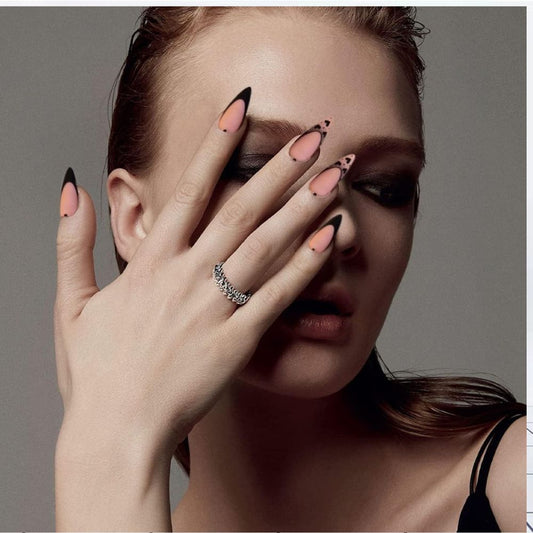 Medium French Tips Black Heart Pearl Acrylic Nails – 24pcs MUVAYA