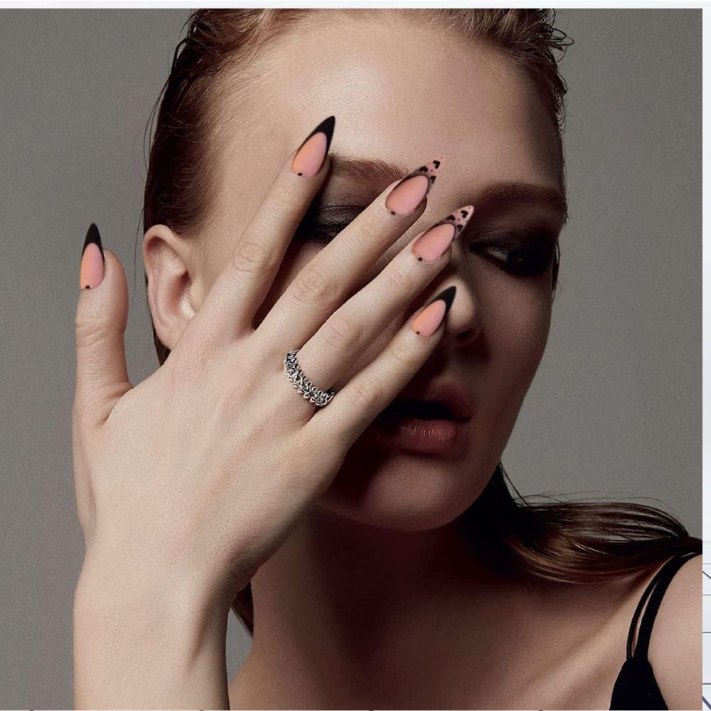 Medium French Tips Black Heart Pearl Acrylic Nails – 24pcs MUVAYA