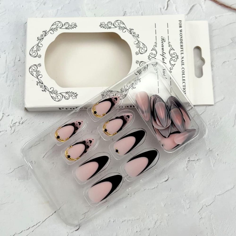Medium French Tips Black Heart Pearl Acrylic Nails – 24pcs MUVAYA
