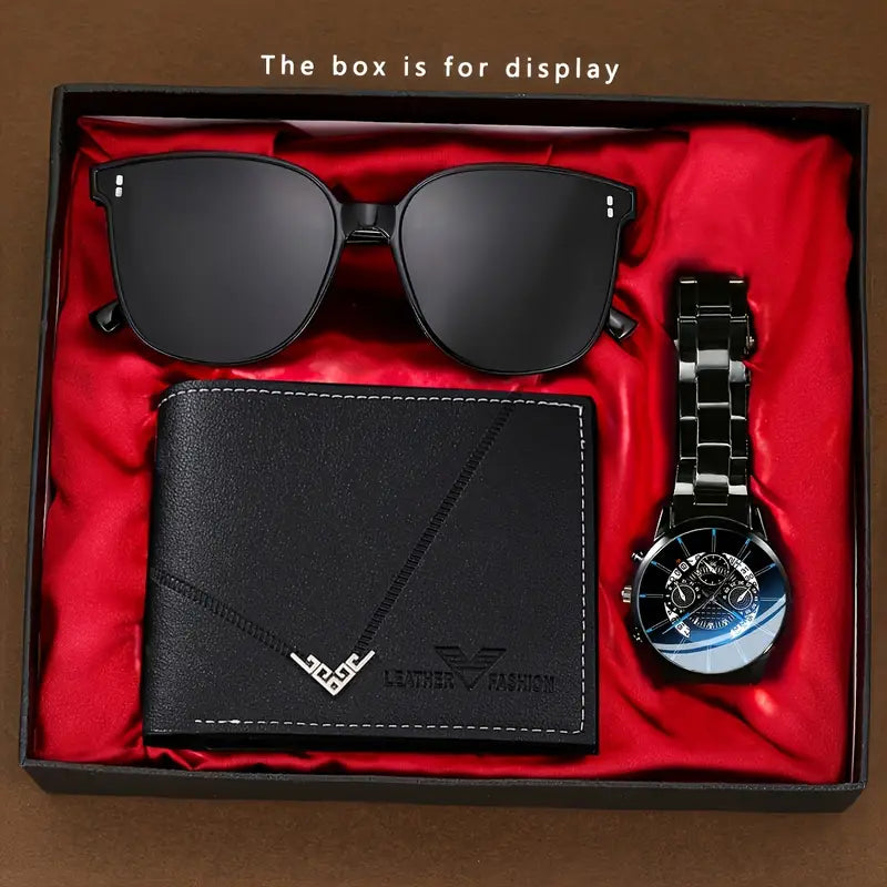 3pcs Men'S Business Casual Steel Band Wristwatch + Fashion Glasses and Versatile Wallet MUVAYA