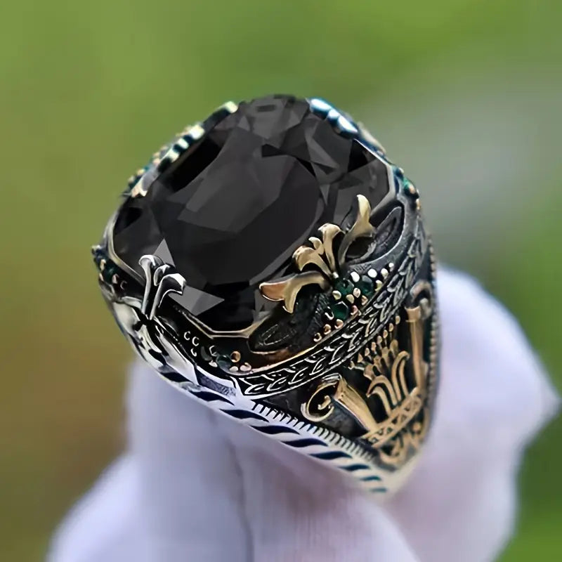 Ornate Alloy Statement Ring with Green & Golden Accents MUVAYA