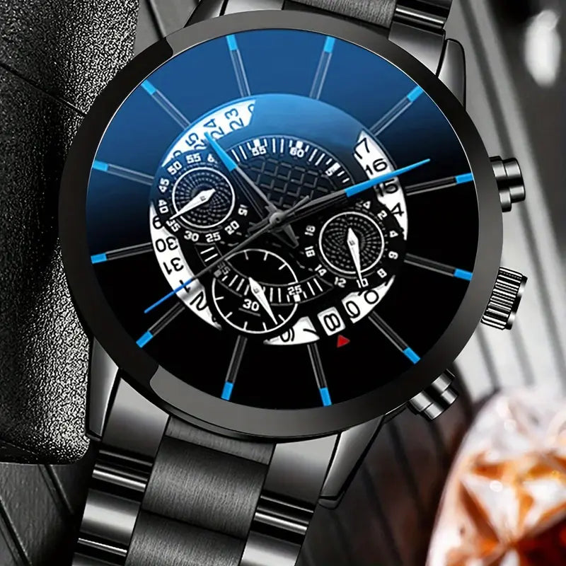 3pcs Men'S Business Casual Steel Band Wristwatch + Fashion Glasses and Versatile Wallet MUVAYA