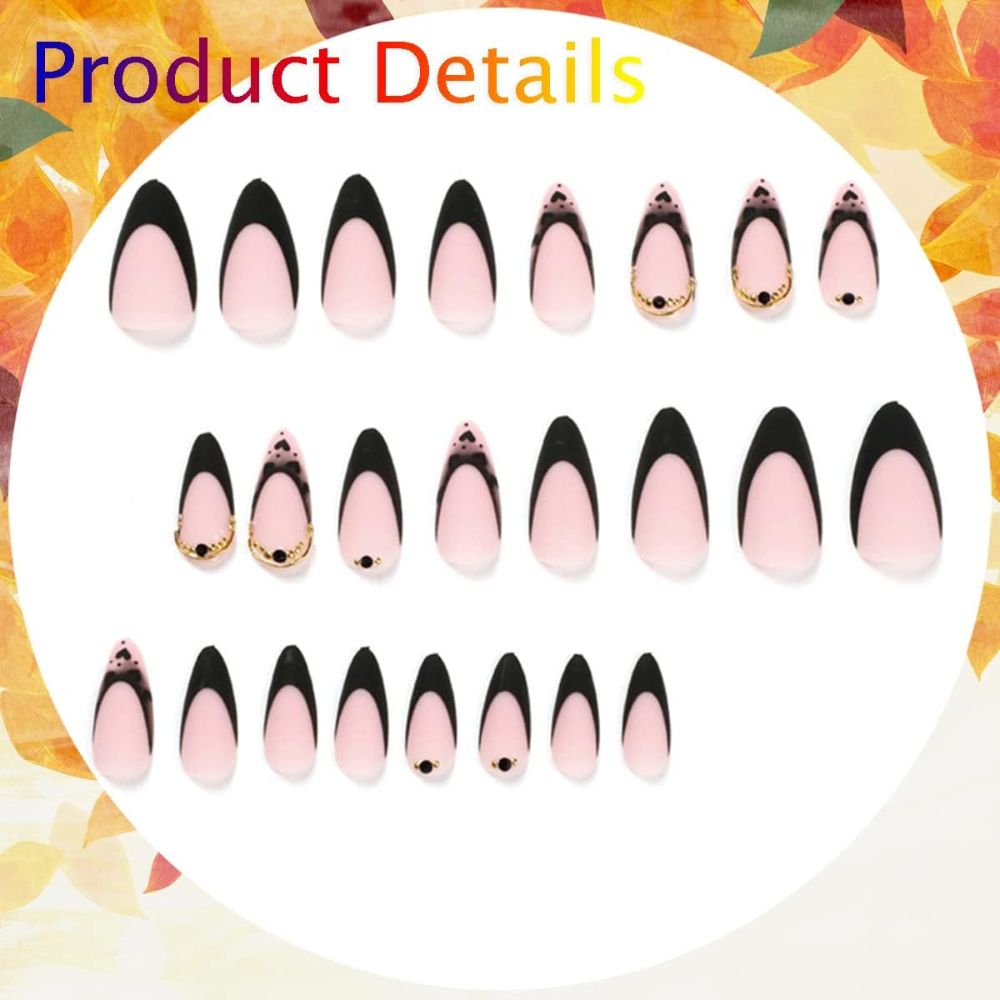 Medium French Tips Black Heart Pearl Acrylic Nails – 24pcs MUVAYA