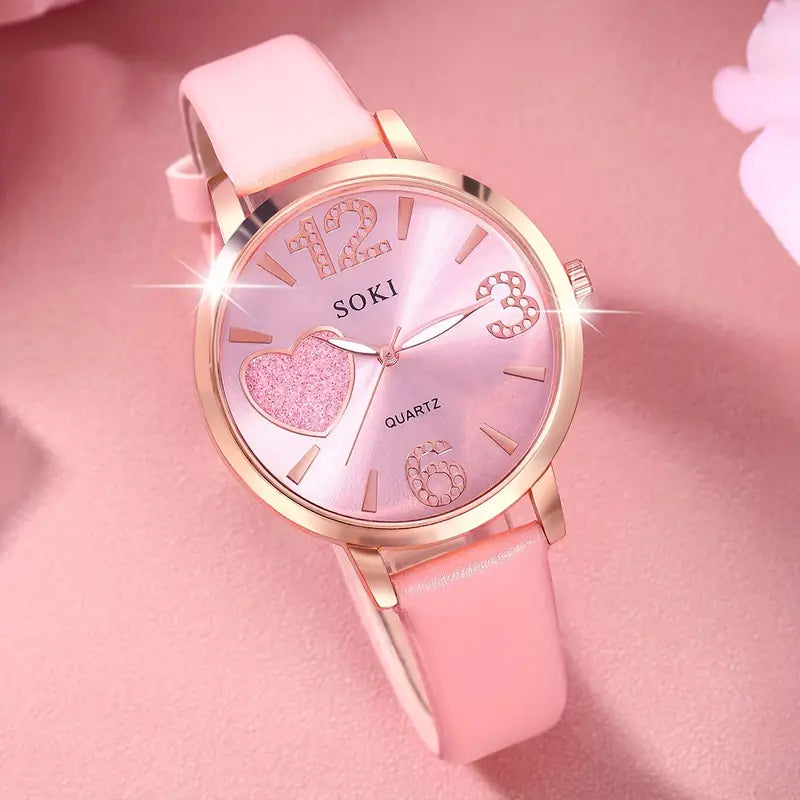 5pcs Women's Watch Starry Pink with Butterfly Heart Jewellery Set MUVAYA