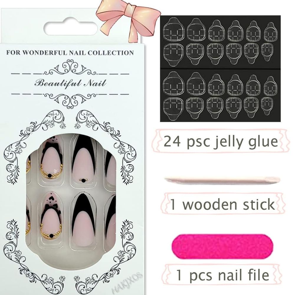 Medium French Tips Black Heart Pearl Acrylic Nails – 24pcs MUVAYA