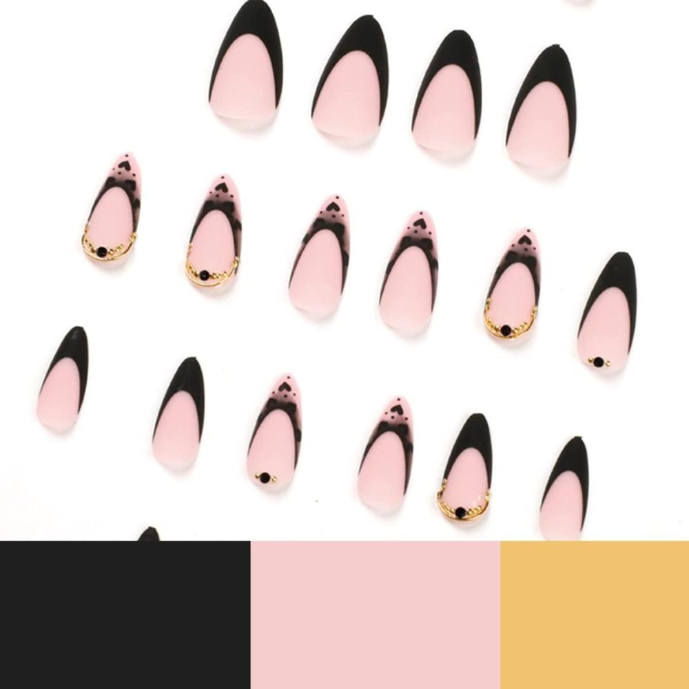 Medium French Tips Black Heart Pearl Acrylic Nails – 24pcs MUVAYA
