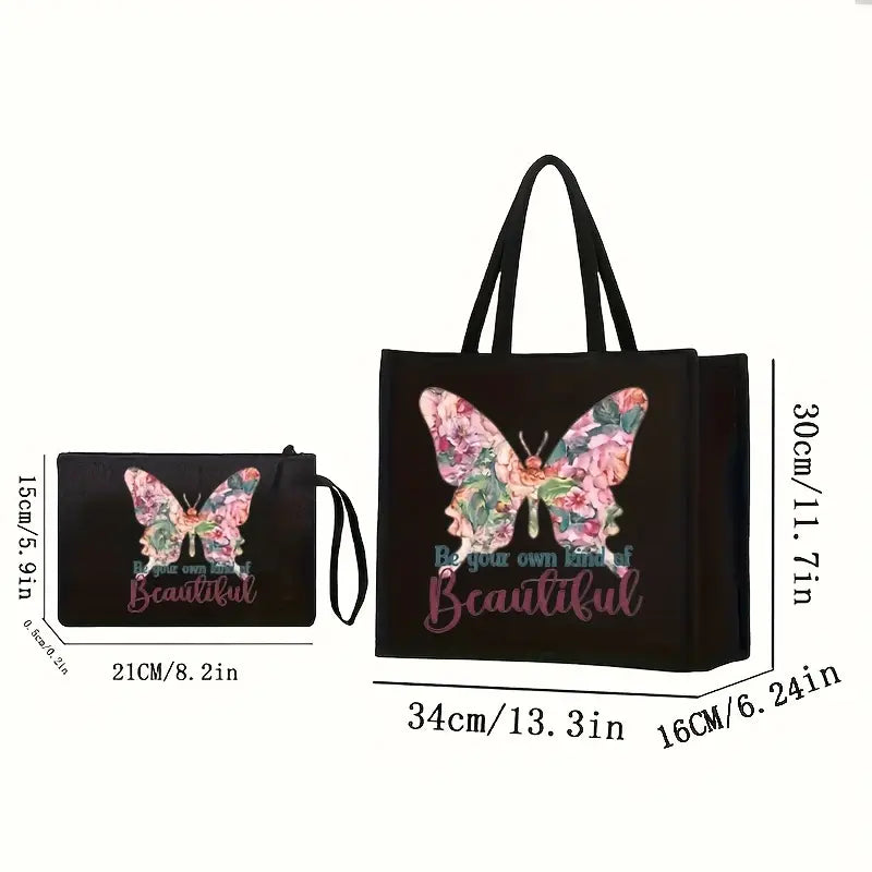 2pcs Floral and Butterfly Print Tote Bag Set MUVAYA