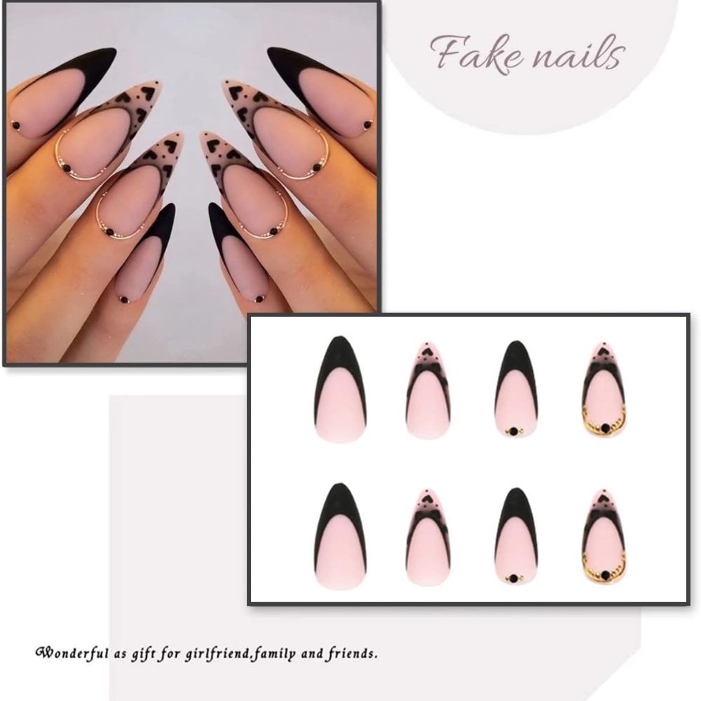 Medium French Tips Black Heart Pearl Acrylic Nails – 24pcs MUVAYA