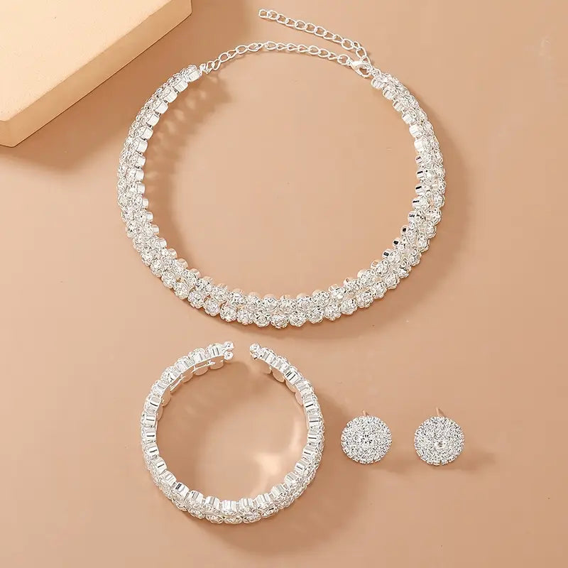 4pcs Rhinestone Hoop Bracelet & Earrings Jewelry Set MUVAYA