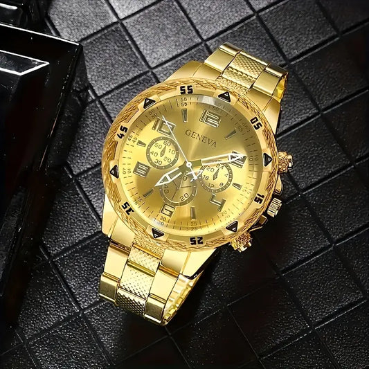 4pcs Golden Quartz Watch and Bracelet Set for Men & Women MUVAYA