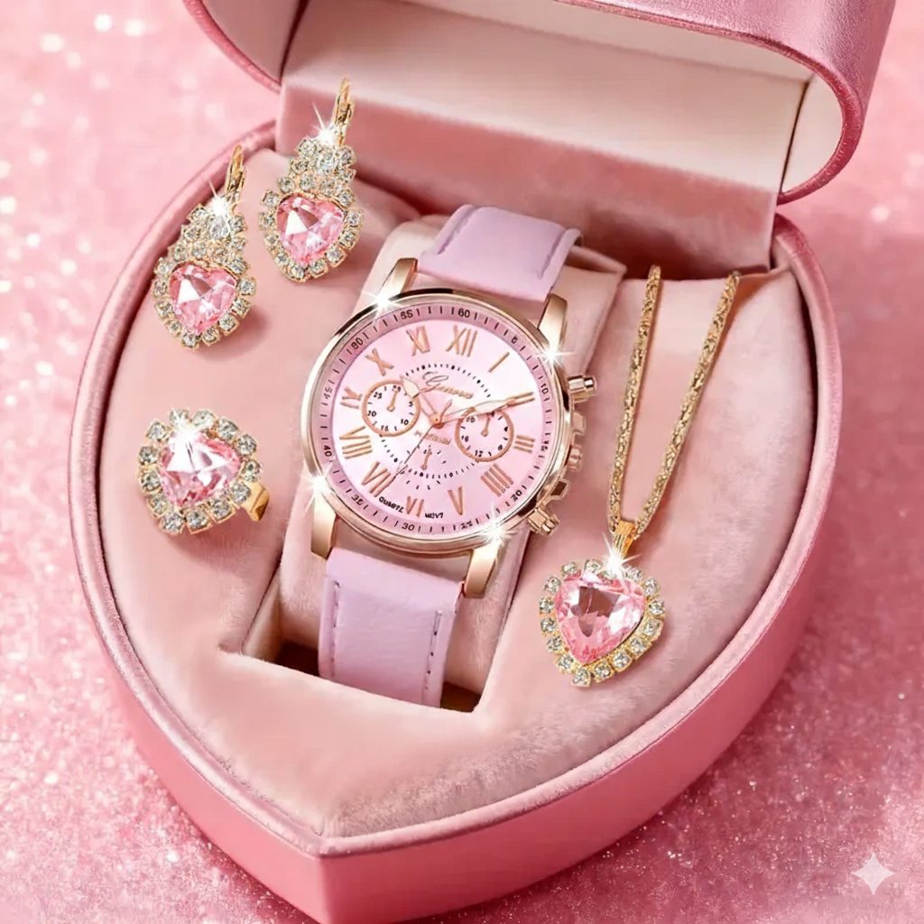 Women’s Round Quartz Watch with 4pcs Jewelry Set MUVAYA