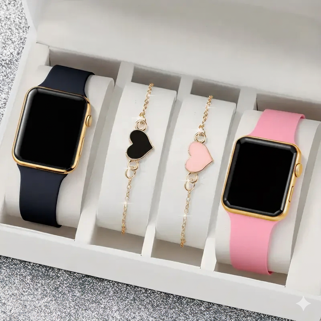 4pcs Women’s Elegant Square Digital Watches with Heart Charms MUVAYA