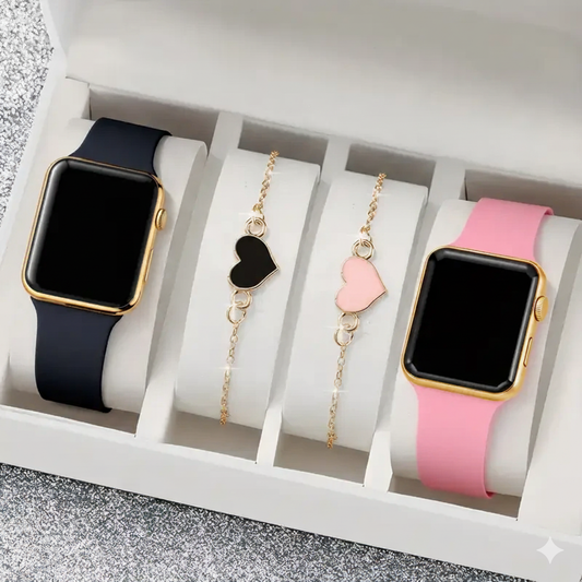 4pcs Women’s Elegant Square Digital Watches with Heart Charms MUVAYA