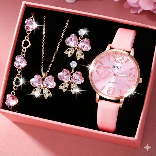 5pcs Women's Watch Starry Pink with Butterfly Heart Jewellery Set MUVAYA