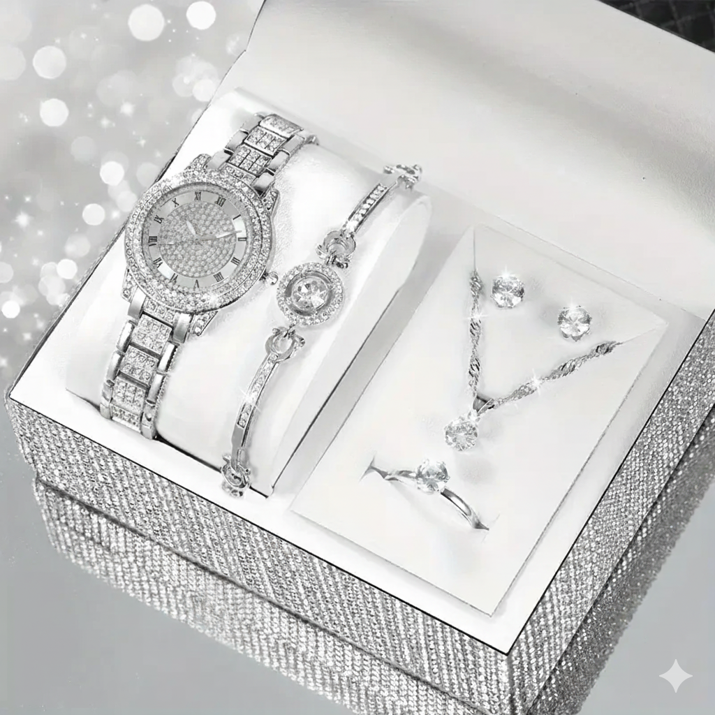Round Elegant Luminous Quartz Watch with 5Pcs Jewelry Set MUVAYA