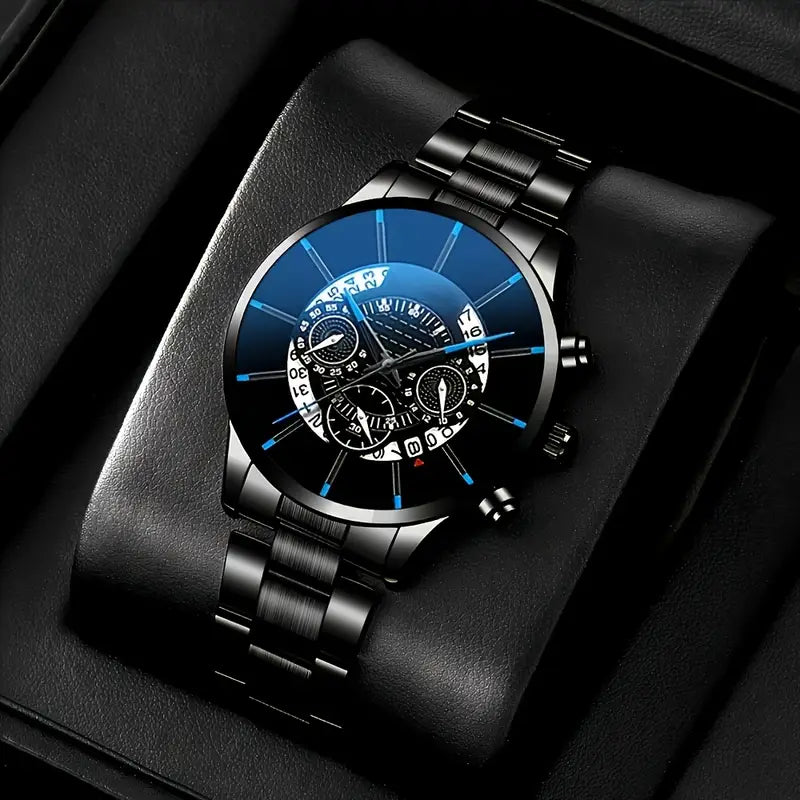 3pcs Men'S Business Casual Steel Band Wristwatch + Fashion Glasses and Versatile Wallet MUVAYA