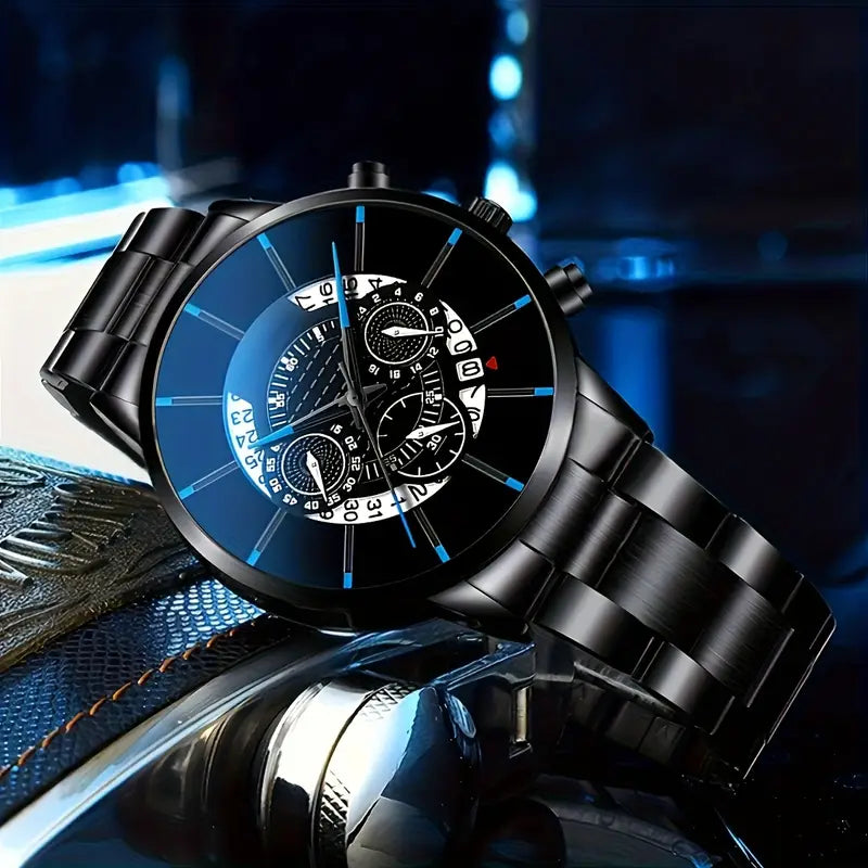 3pcs Men'S Business Casual Steel Band Wristwatch + Fashion Glasses and Versatile Wallet MUVAYA