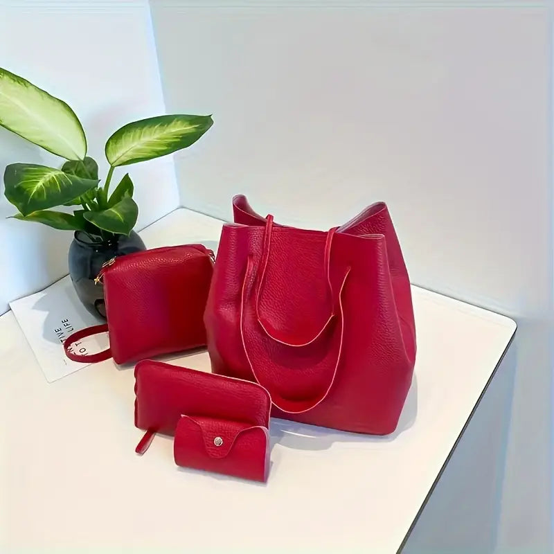 4pcs Elegant Pink Synthetic Handbag Set MUVAYA