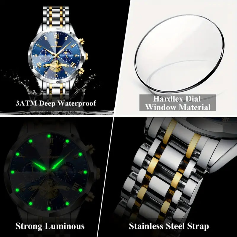 Men'S Luxury Steel Band Watch with Luminous Hands MUVAYA