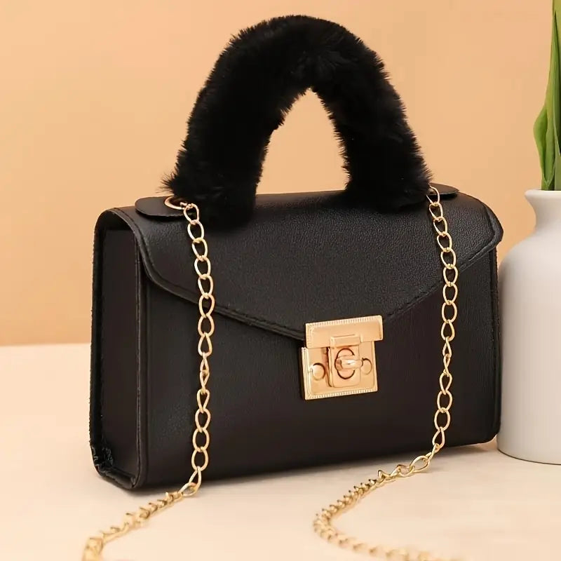 Women’s Stylish Handbag with Plush Handle and Golden Chain Strap MUVAYA