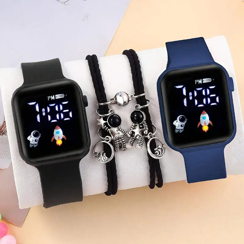 4PCS Wristwatch and Astronaut Magnetic Pendant Bracelet Set for Boys and Girls MUVAYA