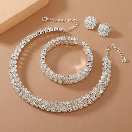 4pcs Rhinestone Hoop Bracelet & Earrings Jewelry Set MUVAYA