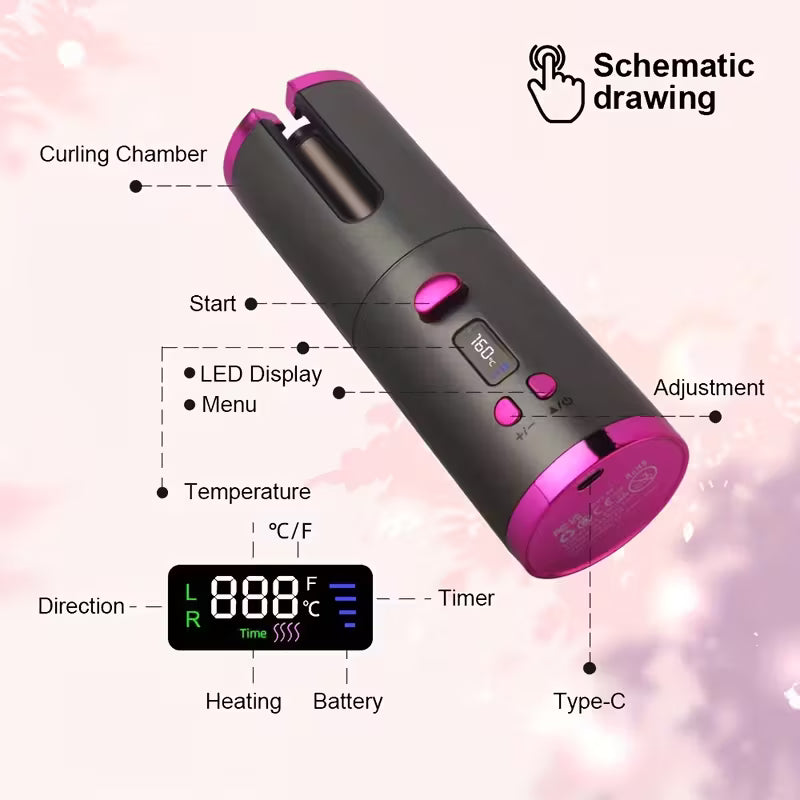 Automatic USB Rechargeable Curling Iron with LCD Display MUVAYA