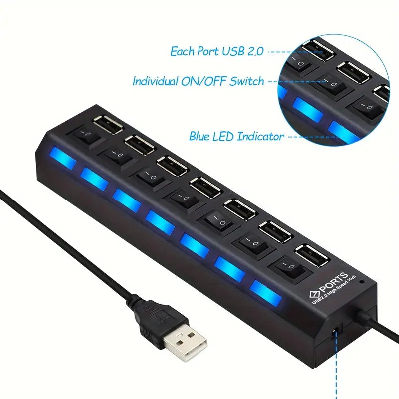 Black 7-Port USB Hub with Independent Switches Multi-Interface Expansion Dock MUVAYA