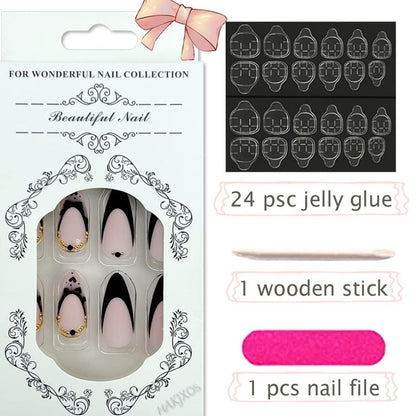 Medium French Tips Black Heart Pearl Acrylic Nails – 24pcs MUVAYA