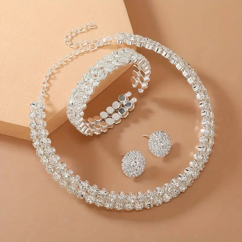 4pcs Rhinestone Hoop Bracelet & Earrings Jewelry Set MUVAYA