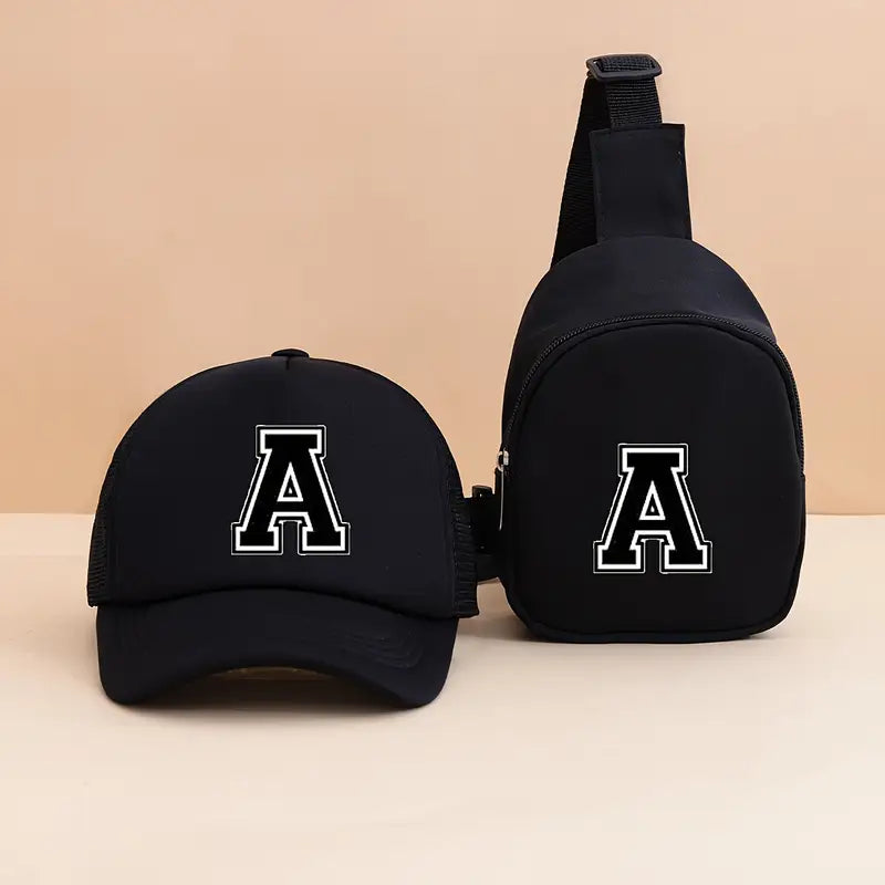 2pcs Kids Letter Pattern Trucker Hat & Chest Bag Set MUVAYA