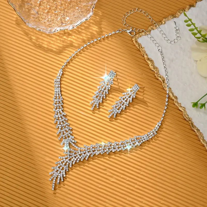 Elegant Rhinestone Leaf Necklace and Earrings Set MUVAYA