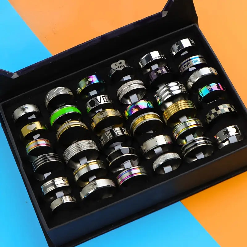 Fashionable Elegant Printed Striped Stainless Steel Men's Women's Rings MUVAYA