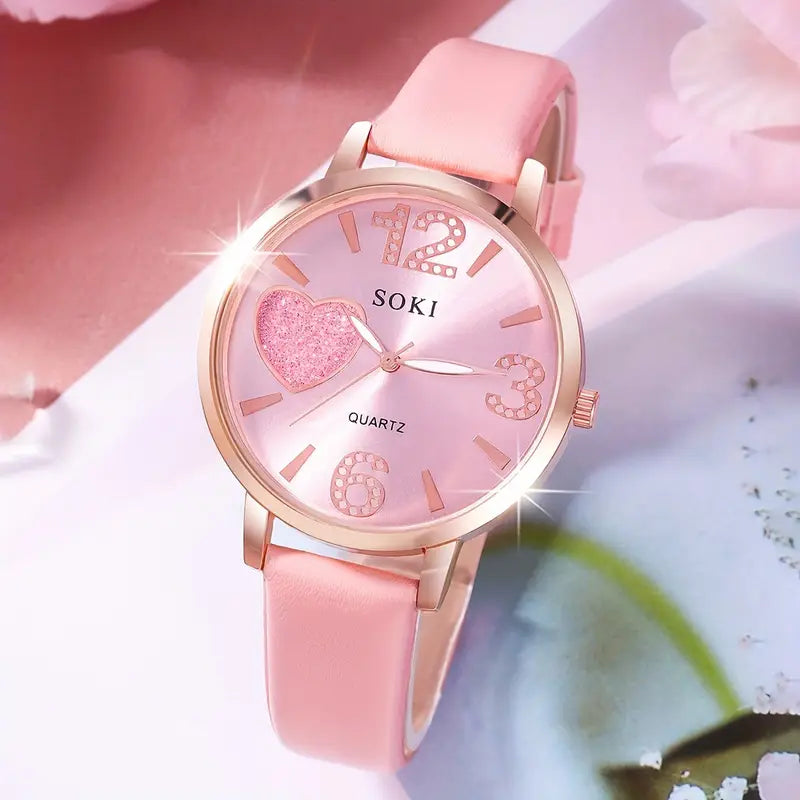 5pcs Women's Watch Starry Pink with Butterfly Heart Jewellery Set MUVAYA