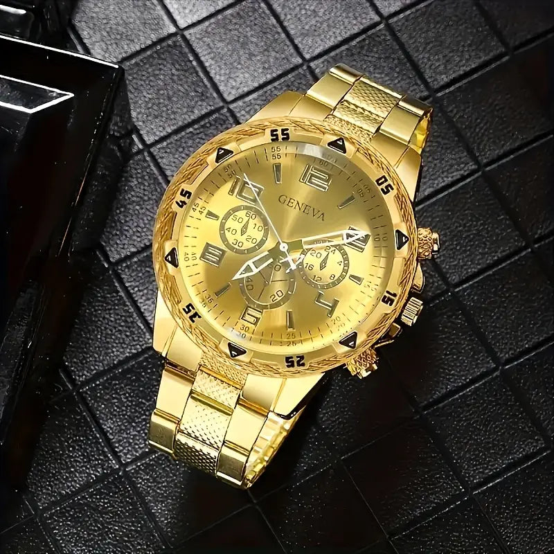 4pcs Golden Quartz Watch and Bracelet Set for Men & Women MUVAYA