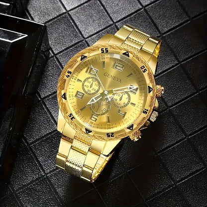 4pcs Golden Quartz Watch and Bracelet Set for Men & Women MUVAYA