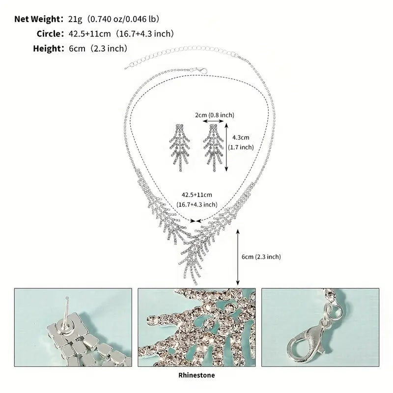 Elegant Rhinestone Leaf Necklace and Earrings Set MUVAYA