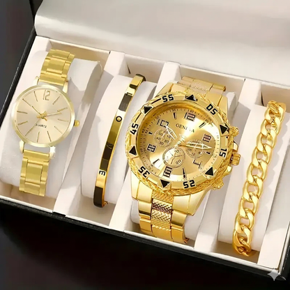 4pcs Golden Quartz Watch and Bracelet Set for Men & Women MUVAYA