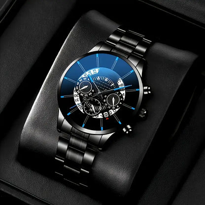 3pcs Men'S Business Casual Steel Band Wristwatch + Fashion Glasses and Versatile Wallet MUVAYA