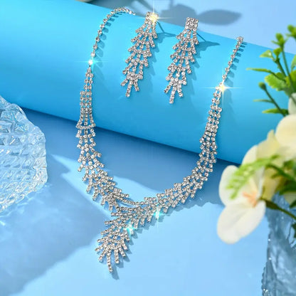 Elegant Rhinestone Leaf Necklace and Earrings Set MUVAYA
