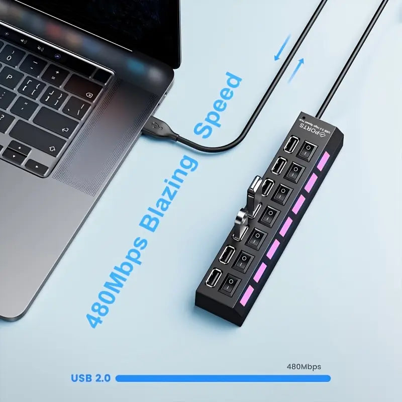 Black 7-Port USB Hub with Independent Switches Multi-Interface Expansion Dock MUVAYA
