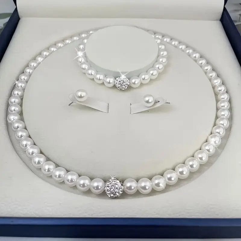 Pearl Necklace Bracelet and Earrings 4pcs Women’s Jewelry Set MUVAYA