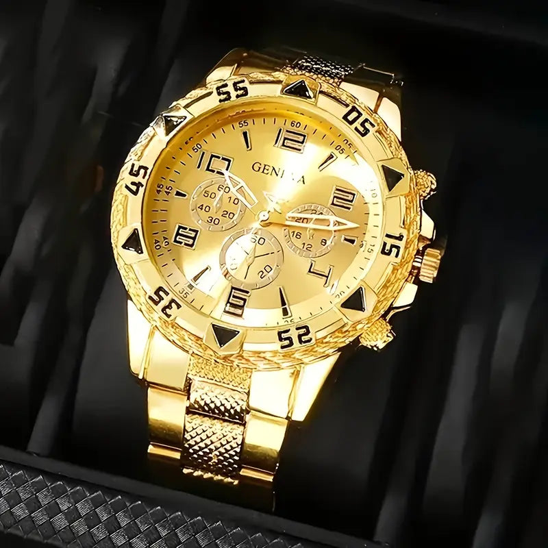 4pcs Golden Quartz Watch and Bracelet Set for Men & Women MUVAYA